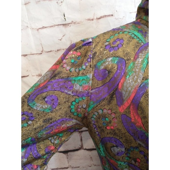 Vintage 80s Size 6 Small Nicola Jewel Tone Shoulder Pad Pleated Blouse High Neck - Picture 2 of 11